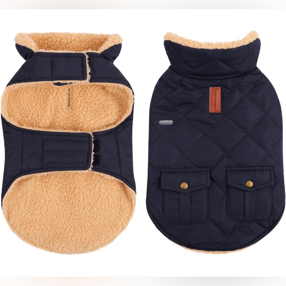 Quilted Dog Coat Jacket Navy Sherpa Lined Warm Winter Pet Coat Cozy Pup Vest